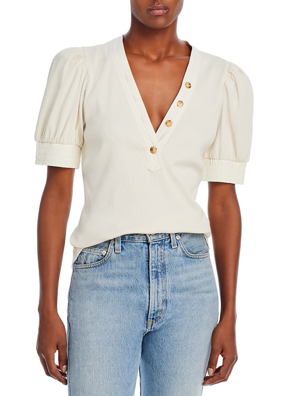10 Crosby Derek Lam Cream Ribbed V-Neck Puff Sleeve Top